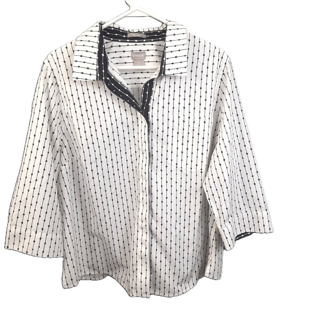 Chicos Top Size 3P (LG) Black White 3/4 Sleeve Button up Collar Cotton Easy Care